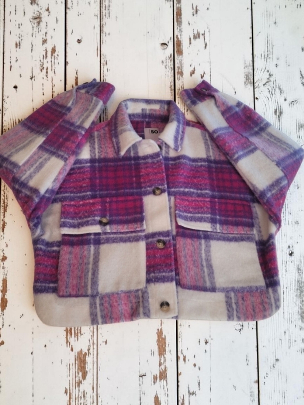 SO Plaid Teddy Jacket- Purple and Pink Size Small. VERY GOOD CONDITION.